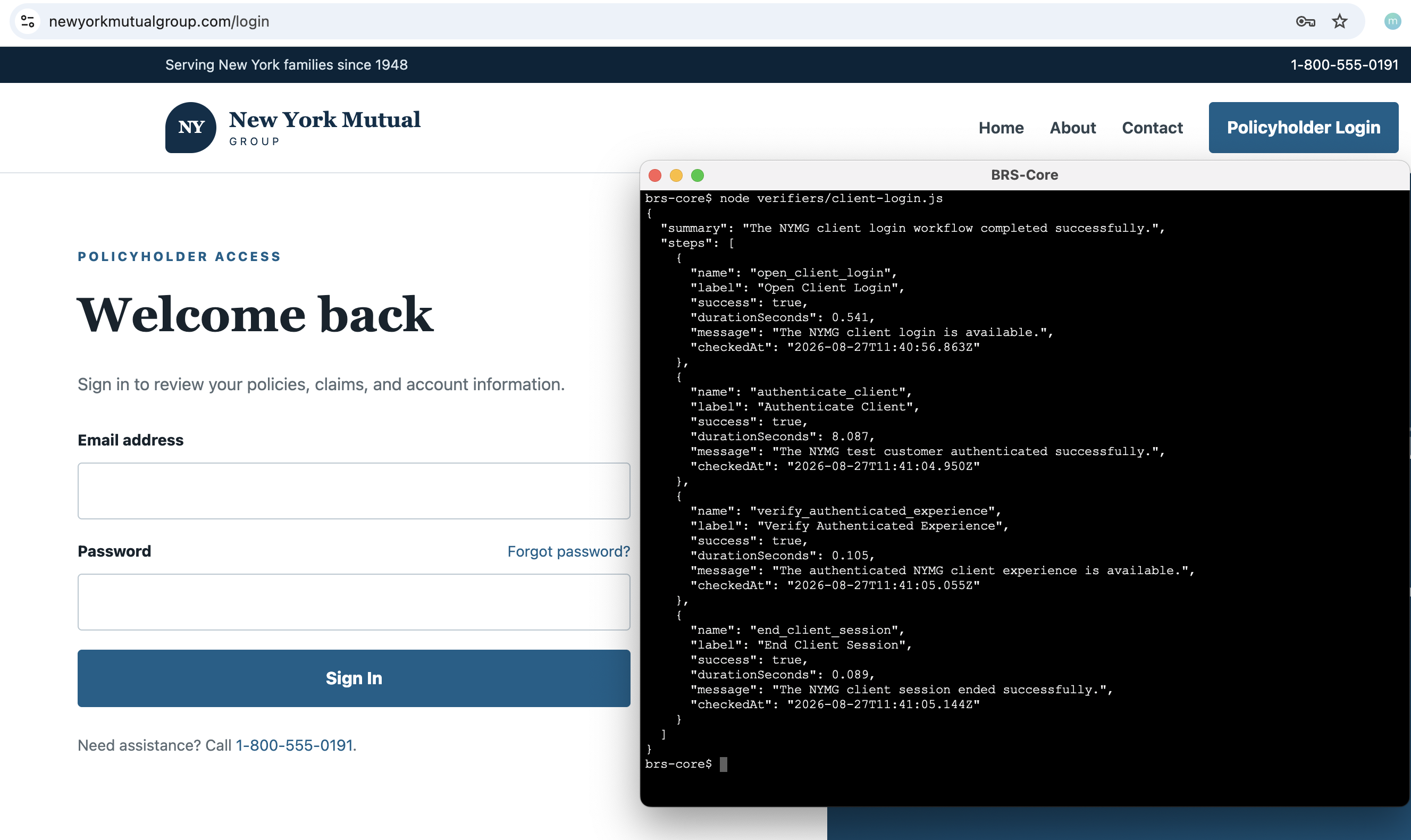 NYMG policyholder login page behind a BRS-Core terminal showing the Client Login verifier passing each workflow step