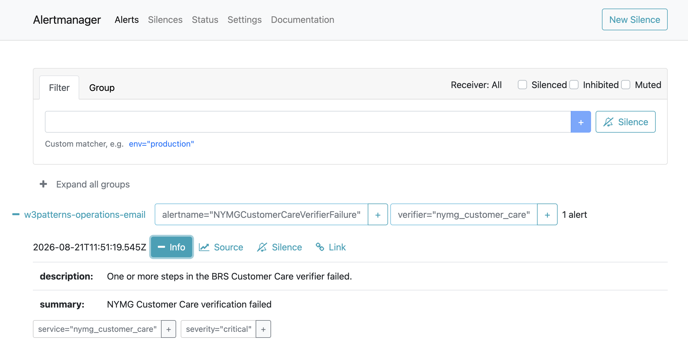 Alertmanager showing a critical NYMG Customer Care verifier failure alert