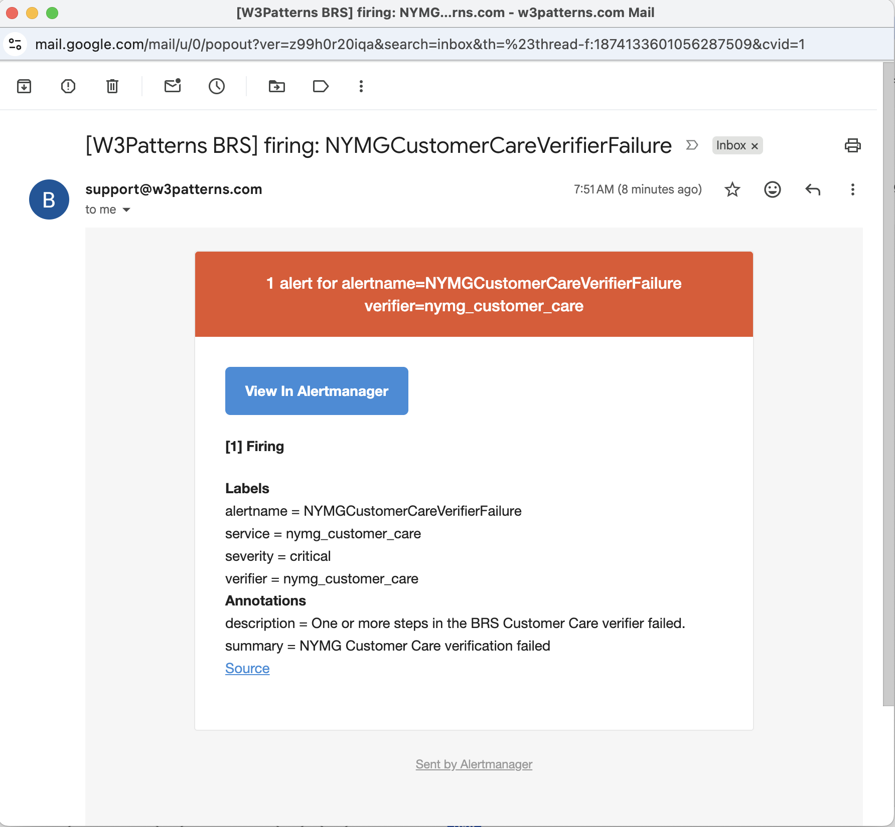 Email notification for a firing W3Patterns BRS Customer Care verifier failure